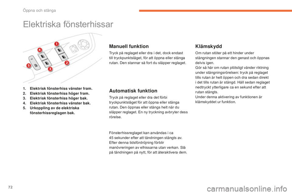 CITROEN C4 SPACETOURER 2015 InstruktionsbÖcker (in Swedish) 72
C4-Picasso-II_sv_Chap02_ouvertures_ed01-2014
Elektriska fönsterhissar
Manuell funktion
Tryck på reglaget eller dra i det, dock endast
till tryckpunktsläget, för att öppna eller stänga
rutan CITROEN C4 SPACETOURER 2015 InstruktionsbÖcker (in Swedish) 72
C4-Picasso-II_sv_Chap02_ouvertures_ed01-2014
Elektriska fönsterhissar
Manuell funktion
Tryck på reglaget eller dra i det, dock endast
till tryckpunktsläget, för att öppna eller stänga
rutan