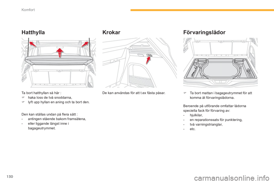 CITROEN C4 SPACETOURER 2014  InstruktionsbÖcker (in Swedish) 130
Komfor t
Ta bor t hatthyllan så här : �)haka loss de två snoddarna, �)lyft upp hyllan en aning och ta bort den.  
Hatthylla
Den kan ställas undan på flera sätt : 
-  antingen stående bakom 