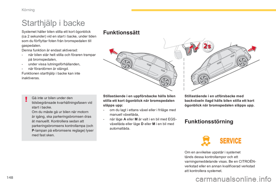 CITROEN C4 SPACETOURER 2014 InstruktionsbÖcker (in Swedish) 148
Körning
Starthjälp i backe
Systemet håller bilen stilla ett kort ögonblick(ca 2 sekunder) vid en star t i backe, under tiden som du för flyttar foten från bromspedalen till
gasp CITROEN C4 SPACETOURER 2014 InstruktionsbÖcker (in Swedish) 148
Körning
Starthjälp i backe
Systemet håller bilen stilla ett kort ögonblick(ca 2 sekunder) vid en star t i backe, under tiden som du för flyttar foten från bromspedalen till
gasp
