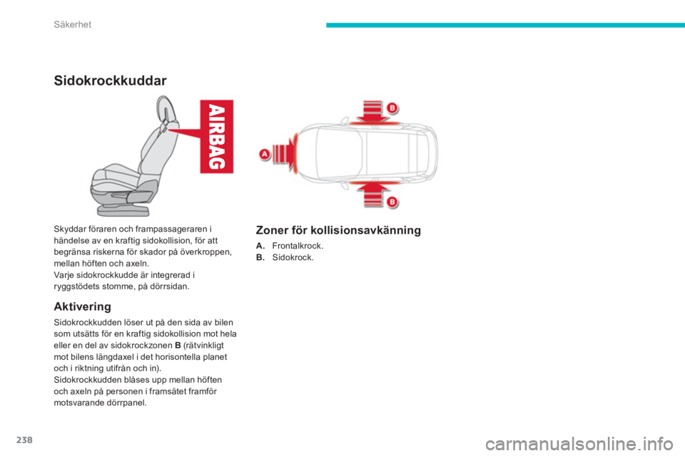 CITROEN C4 SPACETOURER 2014  InstruktionsbÖcker (in Swedish) 238
Säkerhet
Sidokrockkuddar 
Aktivering 
Sidokrockkudden löser ut på den sida av bilen som utsätts för en kraftig sidokollision mot hela eller en del av sidokrockzonen  B(rätvinkligtmot bilens 