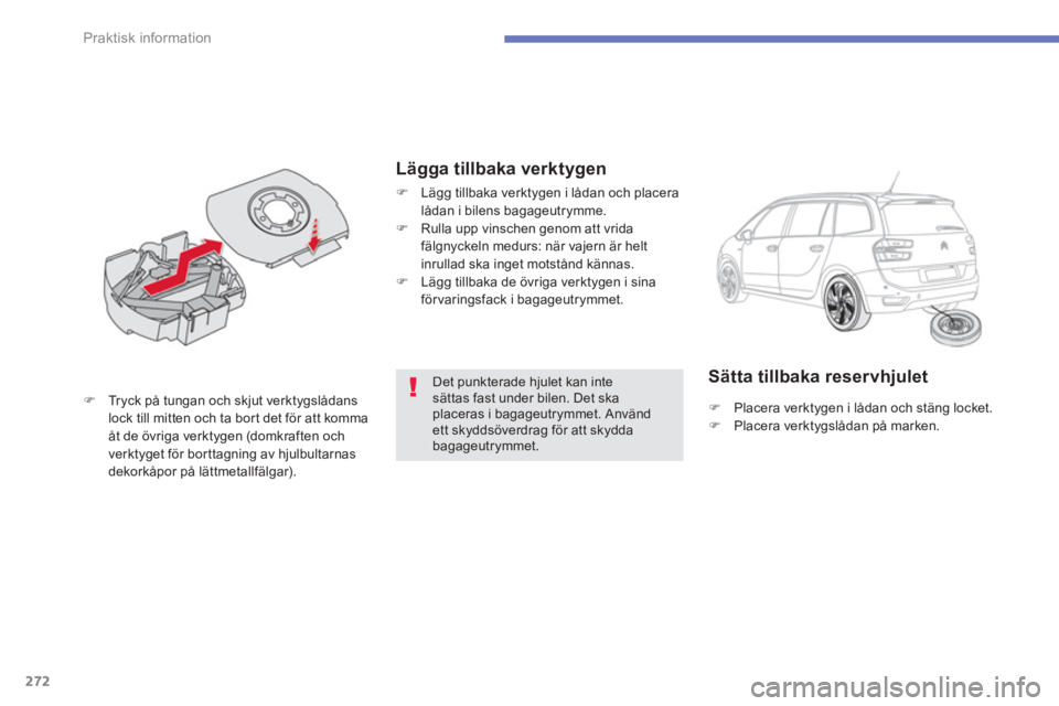 CITROEN C4 SPACETOURER 2014  InstruktionsbÖcker (in Swedish) 272
Praktisk information
Det punkterade hjulet kan inte sättas fast under bilen. Det skaplaceras i bagageutrymmet. Använd ett skyddsöverdrag för att skyddabagageutrymmet.  
�)Tryck på tungan och 