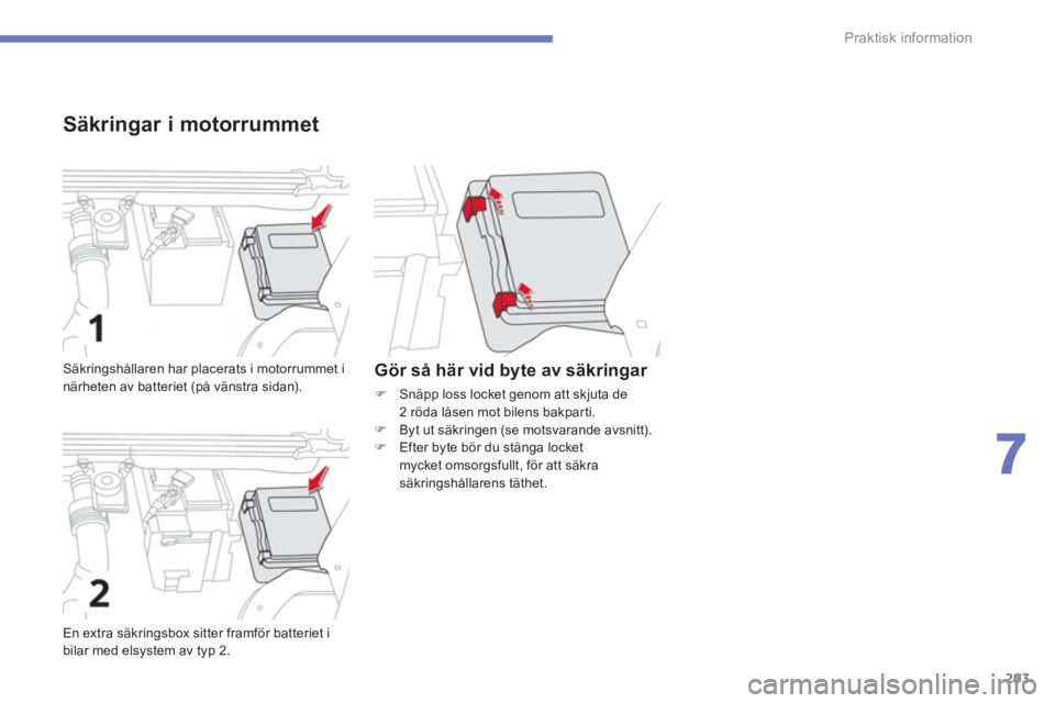 CITROEN C4 SPACETOURER 2014  InstruktionsbÖcker (in Swedish) 293
7
Praktisk information
   
Säkringar i motorrummet
En extra säkringsbox sitter framför batteriet i 
bilar med elsystem av typ 2. 
Säkringshållaren har placerats i motorrummet inärheten av ba