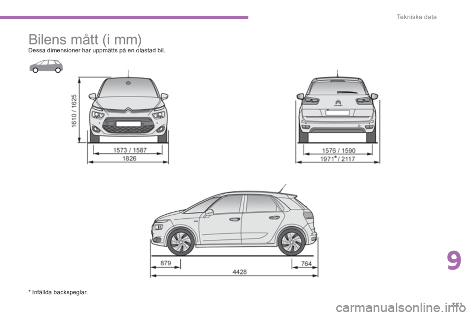 CITROEN C4 SPACETOURER 2014 InstruktionsbÖcker (in Swedish) 9
331
Te k n i s k a d a t a
Bilens mått (i mm)
Dessa dimensioner har uppmätts på en olastad bil.
* Infällda backspeglar. CITROEN C4 SPACETOURER 2014 InstruktionsbÖcker (in Swedish) 9
331
Te k n i s k a d a t a
Bilens mått (i mm)
Dessa dimensioner har uppmätts på en olastad bil.
* Infällda backspeglar.