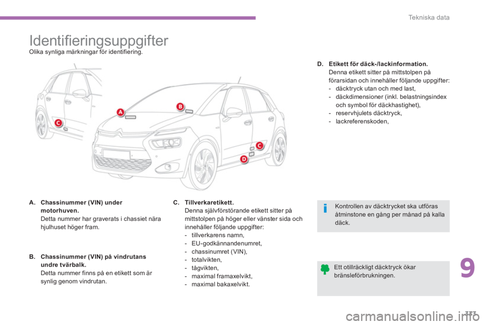 CITROEN C4 SPACETOURER 2014 InstruktionsbÖcker (in Swedish) 9
333
Te k n i s k a d a t a
Identifi eringsuppgifter Olika synliga märkningar för identifiering.
A
.Chassinummer (VIN) under
motorhuven. Detta CITROEN C4 SPACETOURER 2014 InstruktionsbÖcker (in Swedish) 9
333
Te k n i s k a d a t a
Identifi eringsuppgifter Olika synliga märkningar för identifiering.
A
.Chassinummer (VIN) under
motorhuven. Detta