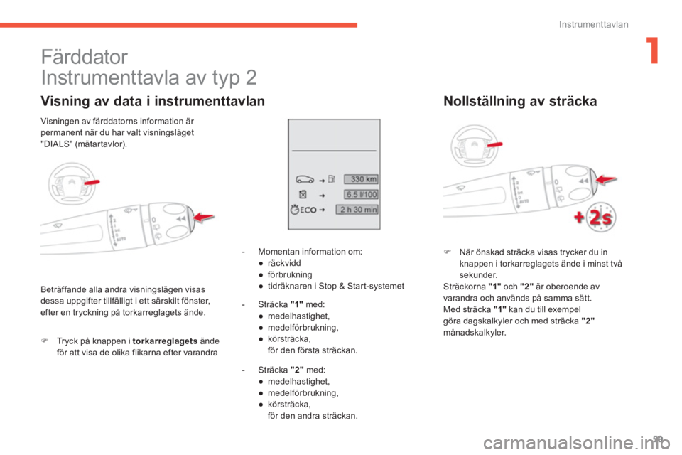 CITROEN C4 SPACETOURER 2014  InstruktionsbÖcker (in Swedish) 1
59
Instrumenttavlan
   
 
 
 
Färddator 
  Instrumenttavla av typ 2 
 
 Visning av data i instrumenttavlan
�)Tryck på knappen i  torkarreglagetsände 
för att visa de olika flikarna efter varandr
