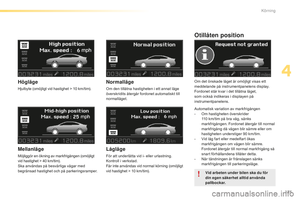 CITROEN C5 2016 InstruktionsbÖcker (in Swedish) 135
C5_sv_Chap04_conduite_ed01-2015
Otillåten position
Om det önskade läget är omöjligt visas ett
meddelande på instrumentpanelens display.
Fordonet står kvar i det tillåtna läget,
som ocks CITROEN C5 2016 InstruktionsbÖcker (in Swedish) 135
C5_sv_Chap04_conduite_ed01-2015
Otillåten position
Om det önskade läget är omöjligt visas ett
meddelande på instrumentpanelens display.
Fordonet står kvar i det tillåtna läget,
som ocks