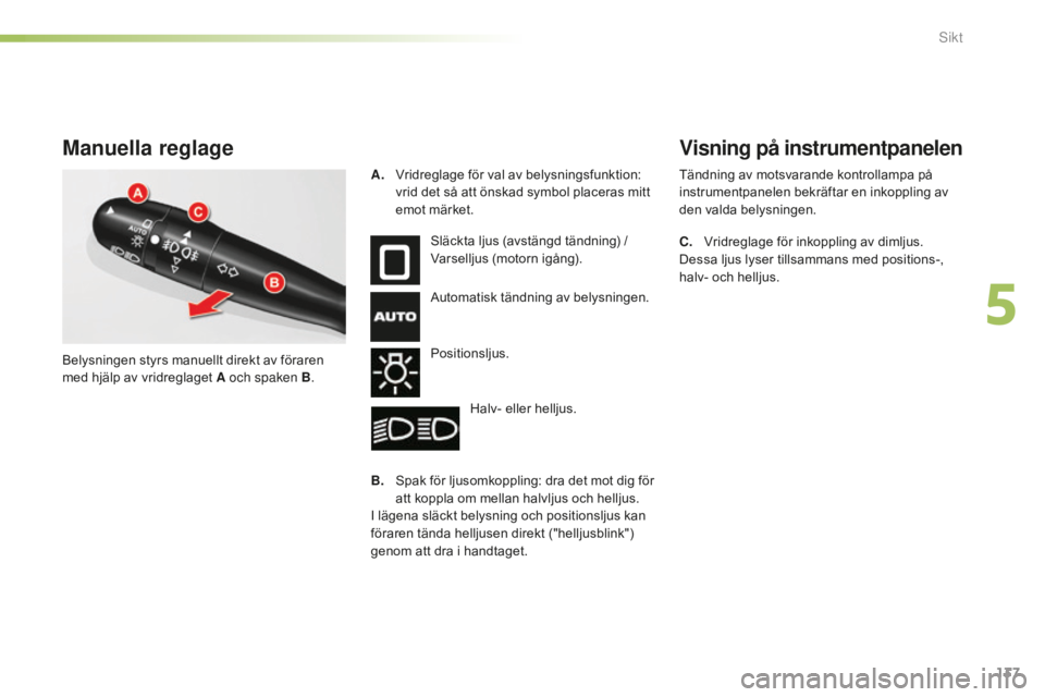 CITROEN C5 2016 InstruktionsbÖcker (in Swedish) 137
C5_sv_Chap05_visibilite_ed01-2015
Manuella reglage
Släckta ljus (avstängd tändning) /
Varselljus (motorn igång).
Automatisk tändning av belysningen.
Positionsljus.Halv- eller helljus.
B.
S
CITROEN C5 2016 InstruktionsbÖcker (in Swedish) 137
C5_sv_Chap05_visibilite_ed01-2015
Manuella reglage
Släckta ljus (avstängd tändning) /
Varselljus (motorn igång).
Automatisk tändning av belysningen.
Positionsljus.Halv- eller helljus.
B.
S