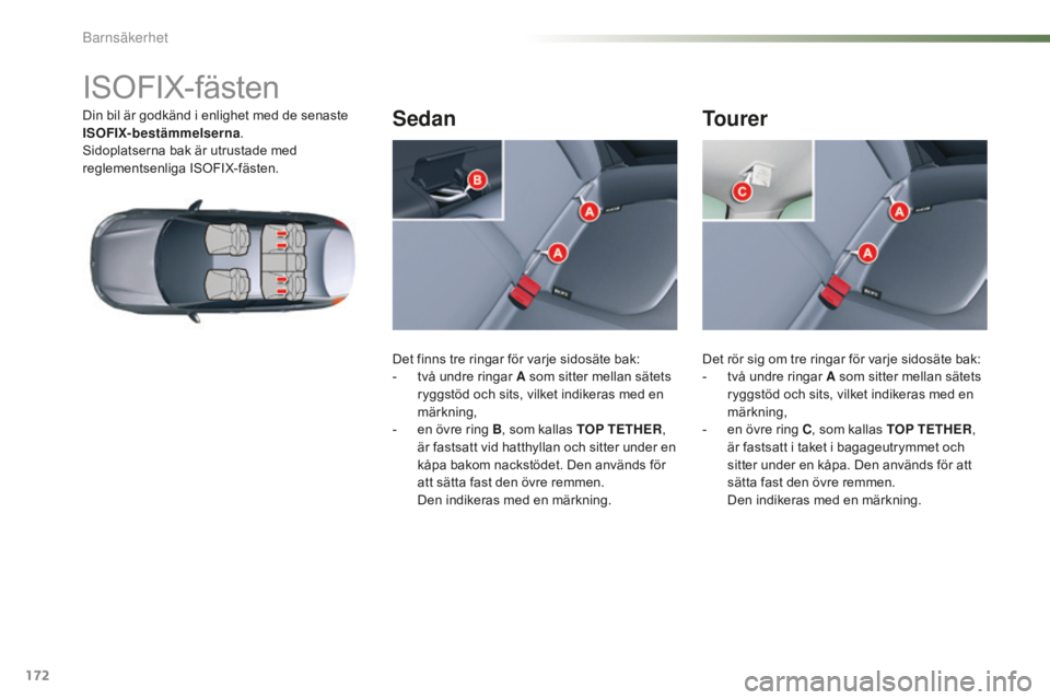 CITROEN C5 2016 InstruktionsbÖcker (in Swedish) 172
C5_sv_Chap07_securite-enfant_ed01-2015
ISOFIX-fästen
Din bil är godkänd i enlighet med de senaste
ISOFIX-bestämmelserna.
Sidoplatserna bak är utrustade med
reglementsenliga ISOFIX-fästen.
CITROEN C5 2016 InstruktionsbÖcker (in Swedish) 172
C5_sv_Chap07_securite-enfant_ed01-2015
ISOFIX-fästen
Din bil är godkänd i enlighet med de senaste
ISOFIX-bestämmelserna.
Sidoplatserna bak är utrustade med
reglementsenliga ISOFIX-fästen.