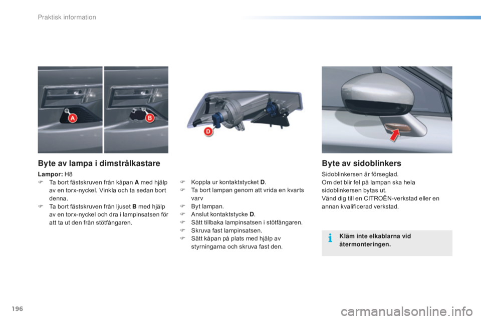 CITROEN C5 2016 InstruktionsbÖcker (in Swedish) 196
C5_sv_Chap08_information_ed01-2015
Byte av sidoblinkers
Sidoblinkersen är förseglad.
Om det blir fel på lampan ska hela
sidoblinkersen bytas ut.
Vänd dig till en CITROËN-verkstad eller en
a CITROEN C5 2016 InstruktionsbÖcker (in Swedish) 196
C5_sv_Chap08_information_ed01-2015
Byte av sidoblinkers
Sidoblinkersen är förseglad.
Om det blir fel på lampan ska hela
sidoblinkersen bytas ut.
Vänd dig till en CITROËN-verkstad eller en
a