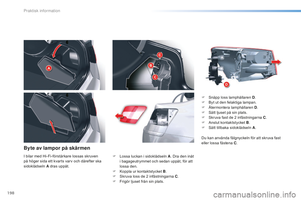 CITROEN C5 2016 InstruktionsbÖcker (in Swedish) 198
C5_sv_Chap08_information_ed01-2015
Byte av lampor på skärmen
F Lossa luckan i sidoklädseln A. Dra den inåt
i bagageutrymmet och sedan uppåt, för att
lossa den.
F
K
oppla ur kontaktstyck CITROEN C5 2016 InstruktionsbÖcker (in Swedish) 198
C5_sv_Chap08_information_ed01-2015
Byte av lampor på skärmen
F Lossa luckan i sidoklädseln A. Dra den inåt
i bagageutrymmet och sedan uppåt, för att
lossa den.
F
K
oppla ur kontaktstyck