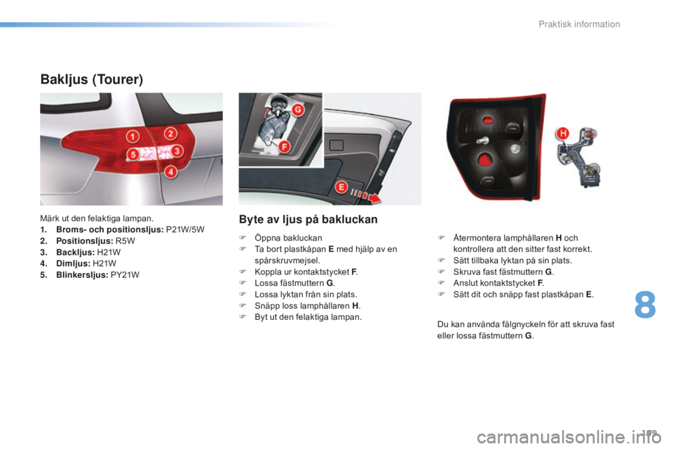 CITROEN C5 2016 InstruktionsbÖcker (in Swedish) 199
C5_sv_Chap08_information_ed01-2015
Byte av ljus på bakluckan
Bakljus (Tourer)
Märk ut den felaktiga lampan.
1. Broms- och positionsljus: P21W/5 W
2.
P
ositionsljus: R5W
3.
Bac
kljus: H21W
CITROEN C5 2016 InstruktionsbÖcker (in Swedish) 199
C5_sv_Chap08_information_ed01-2015
Byte av ljus på bakluckan
Bakljus (Tourer)
Märk ut den felaktiga lampan.
1. Broms- och positionsljus: P21W/5 W
2.
P
ositionsljus: R5W
3.
Bac
kljus: H21W
