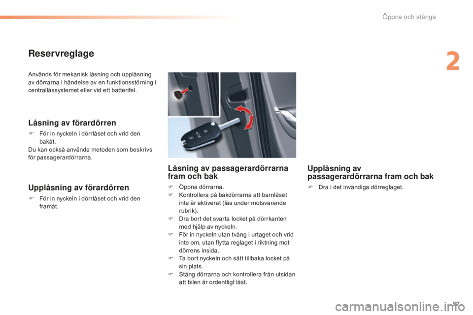 CITROEN C5 2016 InstruktionsbÖcker (in Swedish) 57
C5_sv_Chap02_ouverture_ed01-2015
Används för mekanisk låsning och upplåsning
av dörrarna i händelse av en funktionsstörning i
centrallåssystemet eller vid ett batterifel.
Låsning av för CITROEN C5 2016 InstruktionsbÖcker (in Swedish) 57
C5_sv_Chap02_ouverture_ed01-2015
Används för mekanisk låsning och upplåsning
av dörrarna i händelse av en funktionsstörning i
centrallåssystemet eller vid ett batterifel.
Låsning av för