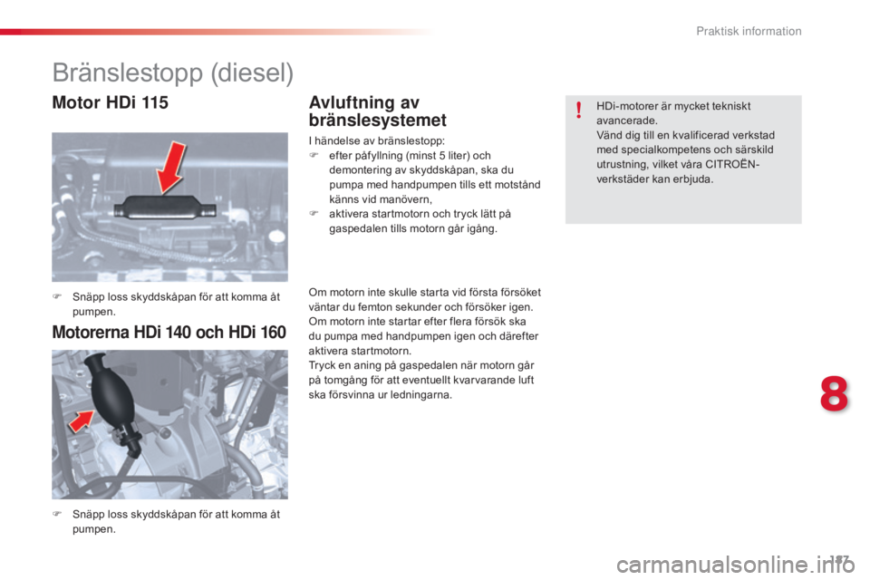 CITROEN C5 2015  InstruktionsbÖcker (in Swedish) 187
C5_sv_Chap08_information_ed01-2014
Bränslestopp (diesel)
F Snäpp loss skyddskåpan för att komma åt pumpen.
F
 
S
 näpp loss skyddskåpan för att komma åt 
pumpen.
Avluftning av 
bränslesy