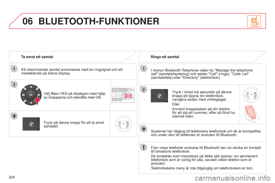CITROEN C5 2015 InstruktionsbÖcker (in Swedish) 06
324
C5_sv_Chap11c_RD45_ed01_2014
Ta emot ett samtalEtt inkommande samtal annonseras med en ringsignal och ett
meddelande på bilens display.
Välj fliken YES på displayen med hjälp
av knapparna CITROEN C5 2015 InstruktionsbÖcker (in Swedish) 06
324
C5_sv_Chap11c_RD45_ed01_2014
Ta emot ett samtalEtt inkommande samtal annonseras med en ringsignal och ett
meddelande på bilens display.
Välj fliken YES på displayen med hjälp
av knapparna