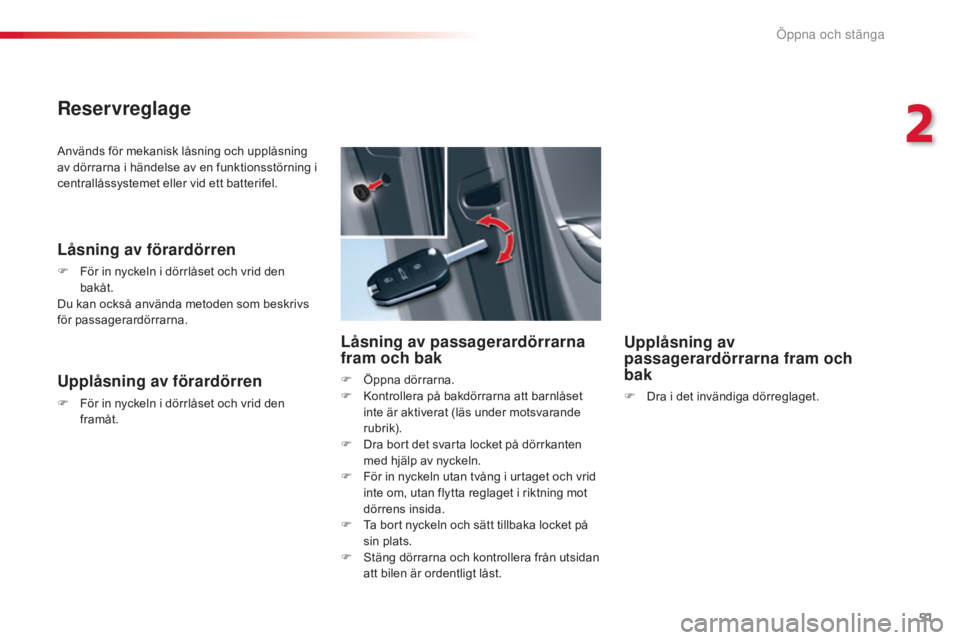 CITROEN C5 2015 InstruktionsbÖcker (in Swedish) 51
C5_sv_Chap02_ouverture_ed01-2014
Används för mekanisk låsning och upplåsning
av dörrarna i händelse av en funktionsstörning i
centrallåssystemet eller vid ett batterifel.
Låsning av för CITROEN C5 2015 InstruktionsbÖcker (in Swedish) 51
C5_sv_Chap02_ouverture_ed01-2014
Används för mekanisk låsning och upplåsning
av dörrarna i händelse av en funktionsstörning i
centrallåssystemet eller vid ett batterifel.
Låsning av för