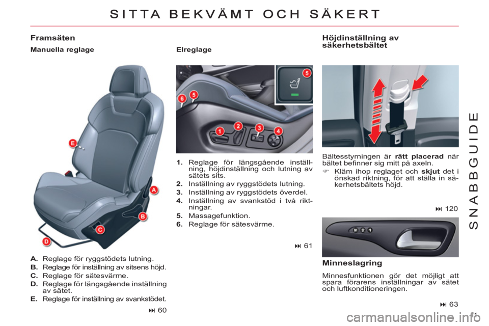 CITROEN C5 2014  InstruktionsbÖcker (in Swedish) 11  
SNABBGUIDE
   
 
1. 
 Reglage för längsgående inställ-
ning, höjdinställning och lutning av 
sätets sits. 
   
2. 
  Inställning av ryggstödets lutning. 
   
3. 
  Inställning av ryggst
