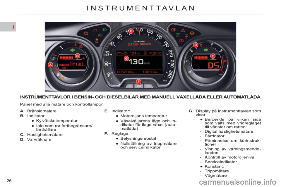CITROEN C5 2014  InstruktionsbÖcker (in Swedish) I
26
INSTRUMENTTAVLAN
INSTRUMENTTAVLOR I BENSIN- OCH DIESELBILAR MED MANUELL VÄXELLÅDA ELLER AUTOMATLÅDA 
  Panel med alla mätare och kontrollampor. 
   
 
A. 
 Bränslemätare 
   
B. 
 Indikator
