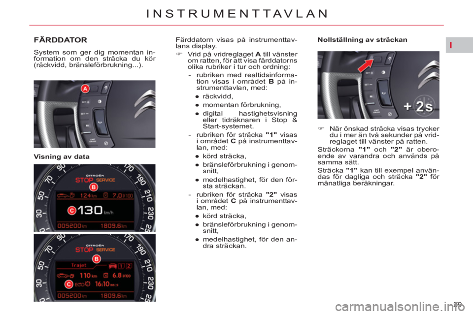 CITROEN C5 2014  InstruktionsbÖcker (in Swedish) I
29 
INSTRUMENTTAVLAN
FÄRDDATOR 
  System som ger dig momentan in-
formation om den sträcka du kör 
(räckvidd, bränsleförbrukning...).  
 
 
   
Visning av data    
Nollställning av sträckan 