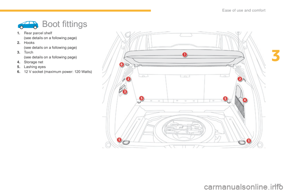 Citroen C4 PICASSO 2016 2.G Owners Manual 115
C4-Picasso-II_en_Chap03_ergonomie-confort_ed01-2016
Boot fittings
1. Rear parcel shelf (see  details  on  a  following  page)
2.
 H
ooks
 (
see  details  on  a  following  Citroen C4 PICASSO 2016 2.G Owners Manual 115
C4-Picasso-II_en_Chap03_ergonomie-confort_ed01-2016
Boot fittings
1. Rear parcel shelf (see  details  on  a  following  page)
2.
 H
ooks
 (
see  details  on  a  following Â
