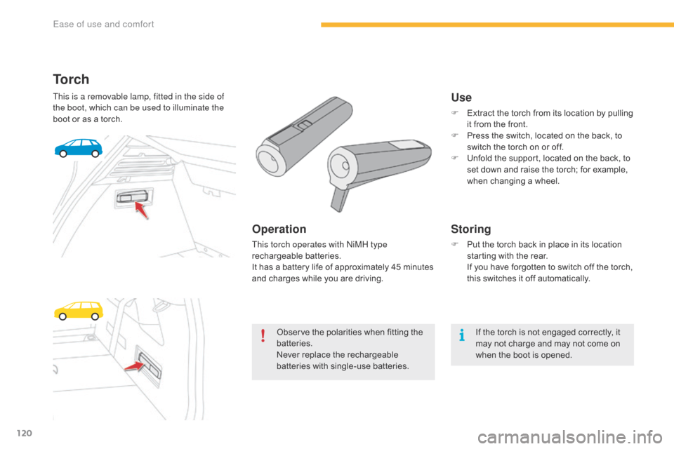 Citroen C4 PICASSO 2016 2.G Service Manual 120
C4-Picasso-II_en_Chap03_ergonomie-confort_ed01-2016
To r c h
This is a removable lamp, fitted in the side of
the boot, which can be used to illuminate the
boot or  as  a  torch.
Operatio Citroen C4 PICASSO 2016 2.G Service Manual 120
C4-Picasso-II_en_Chap03_ergonomie-confort_ed01-2016
To r c h
This is a removable lamp, fitted in the side of
the boot, which can be used to illuminate the
boot or  as  a  torch.
Operatio