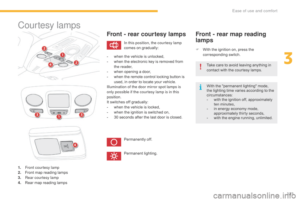 Citroen C4 PICASSO 2016 2.G Workshop Manual 121
C4-Picasso-II_en_Chap03_ergonomie-confort_ed01-2016
Courtesy lamps
1. Front courtesy lamp
2. Front map reading lamps
3.
R
ear courtesy lamp
4.
R
ear map reading lamps
Front Citroen C4 PICASSO 2016 2.G Workshop Manual 121
C4-Picasso-II_en_Chap03_ergonomie-confort_ed01-2016
Courtesy lamps
1. Front courtesy lamp
2. Front map reading lamps
3.
R
ear courtesy lamp
4.
R
ear map reading lamps
Front
