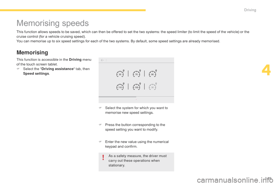 Citroen C4 PICASSO 2016 2.G User Guide 149
C4-Picasso-II_en_Chap04_conduite_ed01-2016
Memorising speeds
Memorising
This function allows speeds to be saved, which can then be offered to set the two systems: the speed lim Citroen C4 PICASSO 2016 2.G User Guide 149
C4-Picasso-II_en_Chap04_conduite_ed01-2016
Memorising speeds
Memorising
This function allows speeds to be saved, which can then be offered to set the two systems: the speed lim