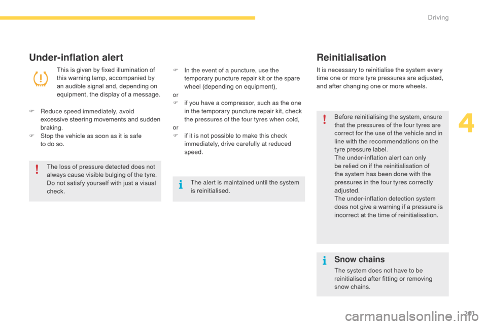 Citroen C4 PICASSO 2016 2.G Owners Manual 201
C4-Picasso-II_en_Chap04_conduite_ed01-2016
Under-inflation alertReinitialisation
This is given by fixed illumination of t
his   warning   lamp,   accompanied   by  
a

n   audible   