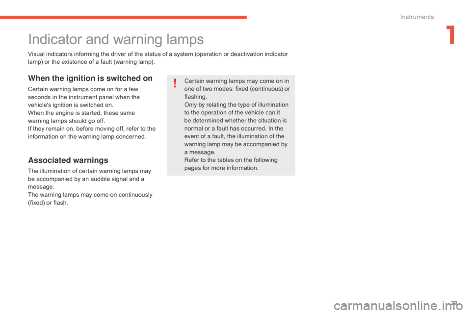 Citroen C4 PICASSO 2016 2.G Owners Manual 21
C4-Picasso-II_en_Chap01_instruments-bord_ed01-2016
Indicator and warning lamps
Certain warning lamps may come on in one   of   two   modes:   fixed   (continuous)   or  
f

lashing