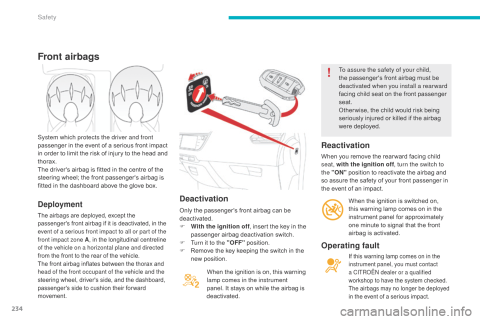 Citroen C4 PICASSO 2016 2.G Owners Manual 234
C4-Picasso-II_en_Chap06_securite_ed01-2016
Deactivation
When the ignition is on, this warning lamp comes in the instrument 
panel.
  It   stays   on   while   the   airbag   is  
d
