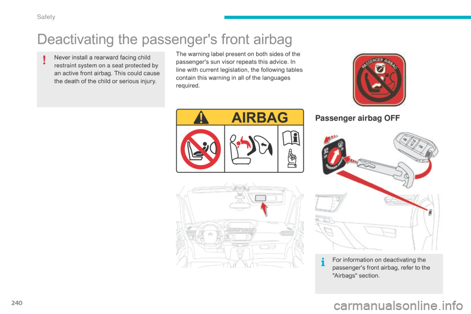 Citroen C4 PICASSO 2016 2.G Owners Manual 240
C4-Picasso-II_en_Chap06_securite_ed01-2016
Deactivating the passengers front airbag
Passenger airbag OFF
For information on deactivating the passengers front airbag, refer t Citroen C4 PICASSO 2016 2.G Owners Manual 240
C4-Picasso-II_en_Chap06_securite_ed01-2016
Deactivating the passengers front airbag
Passenger airbag OFF
For information on deactivating the passengers front airbag, refer t