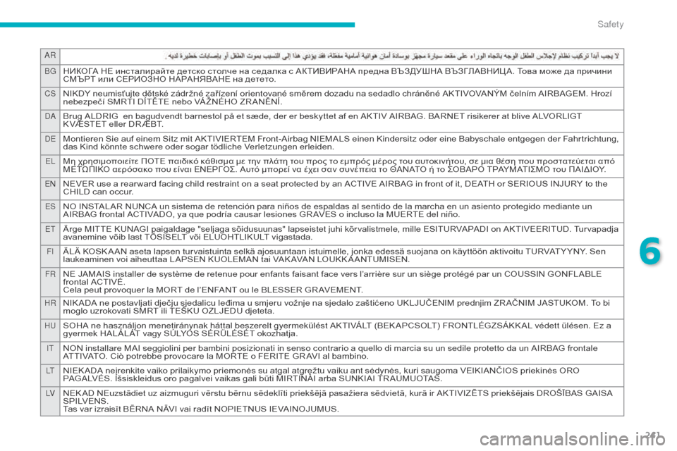 Citroen C4 PICASSO 2016 2.G Owners Manual 241
AR
BG
НИКОГА НЕ инсталирайте детско столче на седалка с АКТИВИРАНА предна ВЪЗДУШНА ВЪЗГЛАВНИЦ А. Това Citroen C4 PICASSO 2016 2.G Owners Manual 241
AR
BG
НИКОГА НЕ инсталирайте детско столче на седалка с АКТИВИРАНА предна ВЪЗДУШНА ВЪЗГЛАВНИЦ А. Това