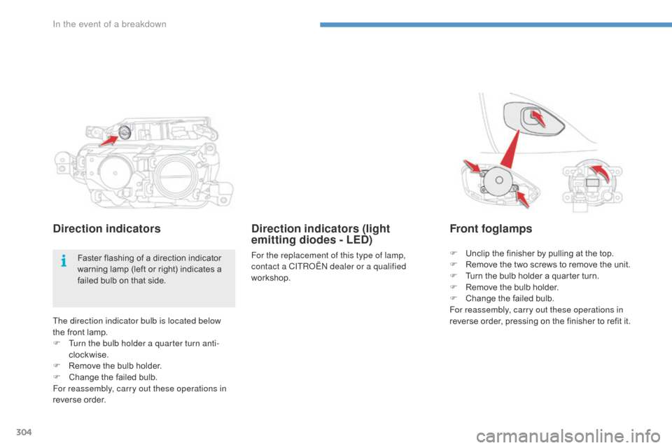 Citroen C4 PICASSO 2016 2.G Owners Manual 304
C4-Picasso-II_en_Chap08_en-cas-panne_ed01-2016
The direction indicator bulb is located below 
the  front   lamp.
F
 
T
 urn the bulb holder a quarter turn anti-
clockwise.
F
 
R
 emove   the �