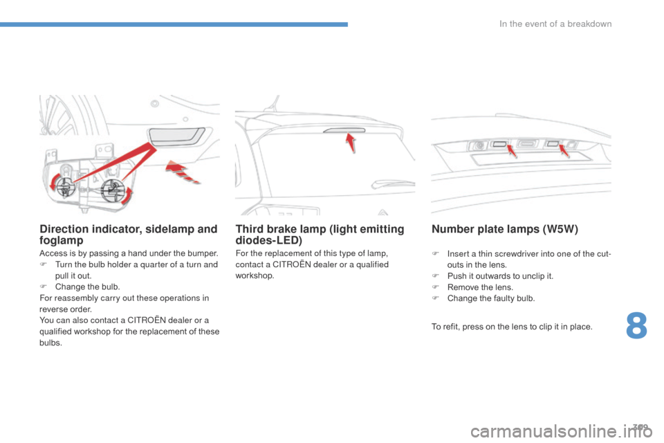 Citroen C4 PICASSO 2016 2.G Owners Manual 309
C4-Picasso-II_en_Chap08_en-cas-panne_ed01-2016
Direction indicator, sidelamp and
foglamp
Access is by passing a hand under the bumper.
F T urn the bulb holder a quarter of a turn and
pu Citroen C4 PICASSO 2016 2.G Owners Manual 309
C4-Picasso-II_en_Chap08_en-cas-panne_ed01-2016
Direction indicator, sidelamp and
foglamp
Access is by passing a hand under the bumper.
F T urn the bulb holder a quarter of a turn and
pu
