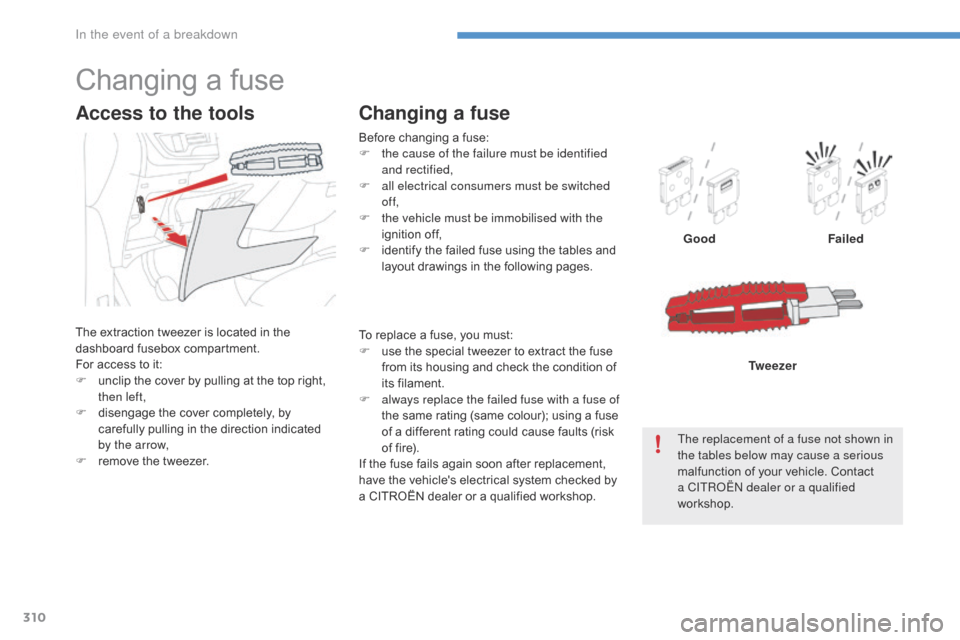 Citroen C4 PICASSO 2016 2.G Owners Manual 310
C4-Picasso-II_en_Chap08_en-cas-panne_ed01-2016
Before changing a fuse:
F  t he cause of the failure must be identified 
and rectified,
F
 
a
 ll electrical consumers must be switched 
of f,
F
 