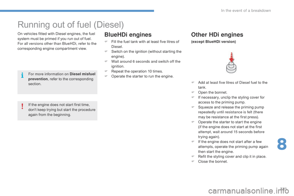 Citroen C4 PICASSO 2016 2.G Owners Manual 321
C4-Picasso-II_en_Chap08_en-cas-panne_ed01-2016
Running out of fuel (Diesel)
On vehicles fitted with Diesel engines, the fuel system   must   be   primed   if   you   run   out �