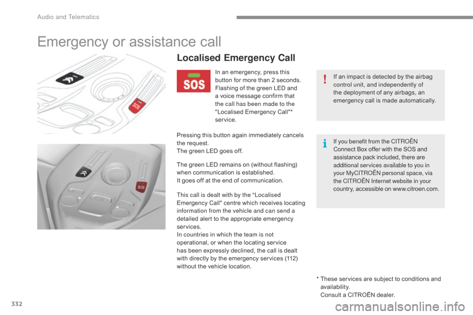 Citroen C4 PICASSO 2016 2.G Owners Manual 332
C4-Picasso-II_en_Chap10a_BTA_ed01-2016
Emergency or assistance call
If an impact is detected by the airbag control unit, and independently of 
the
  deployment   of   any   airbags,