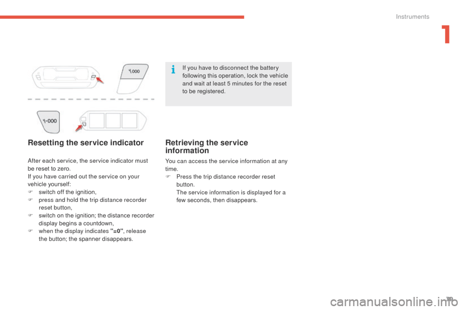 Citroen C4 PICASSO 2016 2.G Owners Manual 39
C4-Picasso-II_en_Chap01_instruments-bord_ed01-2016
Resetting the service indicator
If you have to disconnect the battery 
following  this   operation,   lock   the   vehicle  
a

nd wait at l