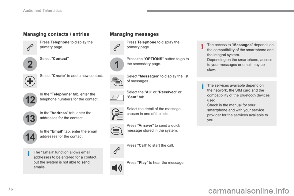 Citroen C4 PICASSO 2016 2.G Owners Manual 76
2
12
13
14
1
Audio and Telematics
The access to " Messages " depends on the compatibility of the smartphone and the integral system. Depending on the smartphone, access to your messages or ema Citroen C4 PICASSO 2016 2.G Owners Manual 76
2
12
13
14
1
Audio and Telematics
The access to " Messages " depends on the compatibility of the smartphone and the integral system. Depending on the smartphone, access to your messages or ema