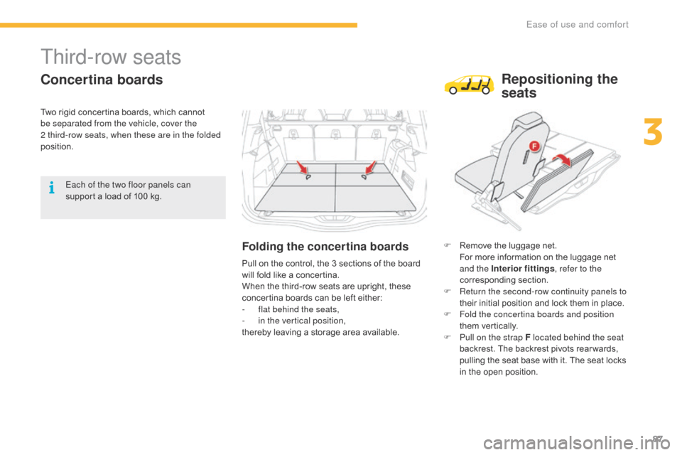 Citroen C4 PICASSO 2016 2.G Owners Manual 87
C4-Picasso-II_en_Chap03_ergonomie-confort_ed01-2016
Third-row seats
Concertina boards
Folding the concertina boardsF Remove  the   luggage   net.  F
or   more   information   on   the   