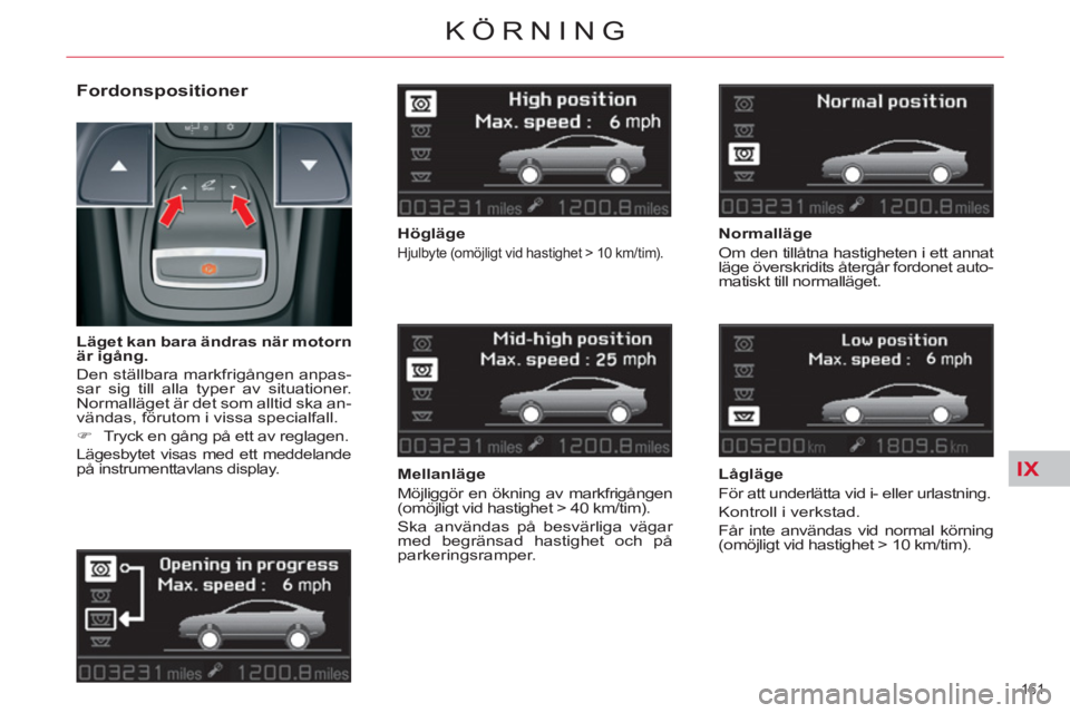 CITROEN C5 2012 InstruktionsbÖcker (in Swedish) IX
161
KÖRNING
Fordonspositioner
Högläge
Hjulbyte (omöjligt vid hastighet > 10 km/tim).
Mellanläge
Möjliggör en ökning av markfrigången
(omöjligt vid hastighet > 40 km CITROEN C5 2012 InstruktionsbÖcker (in Swedish) IX
161
KÖRNING
Fordonspositioner
Högläge
Hjulbyte (omöjligt vid hastighet > 10 km/tim).
Mellanläge
Möjliggör en ökning av markfrigången
(omöjligt vid hastighet > 40 km
