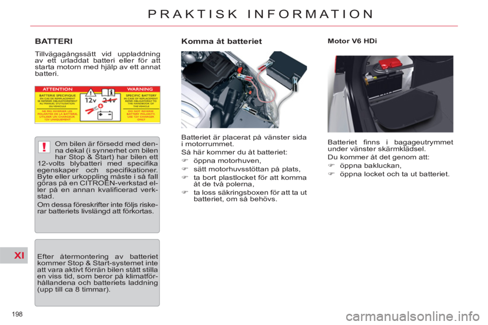 CITROEN C5 2012 InstruktionsbÖcker (in Swedish) XI
!
198
PRAKTISK INFORMATION
BATTERI
Tillvägagångssätt vid uppladdning
av ett urladdat batteri eller för att
starta motorn med hjälp av ett annat
batteri.
Komma åt batteriet
Mot CITROEN C5 2012 InstruktionsbÖcker (in Swedish) XI
!
198
PRAKTISK INFORMATION
BATTERI
Tillvägagångssätt vid uppladdning
av ett urladdat batteri eller för att
starta motorn med hjälp av ett annat
batteri.
Komma åt batteriet
Mot