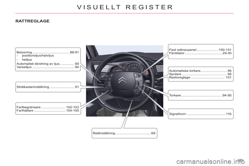 CITROEN C5 2012 InstruktionsbÖcker (in Swedish) 329
VISUELLT REGISTER
Belysning ...................................... 88-91
- positionsljus/halvljus
- helljus
Automatisk tändning av ljus ............... 90
Varselljus ..... CITROEN C5 2012 InstruktionsbÖcker (in Swedish) 329
VISUELLT REGISTER
Belysning ...................................... 88-91
- positionsljus/halvljus
- helljus
Automatisk tändning av ljus ............... 90
Varselljus .....