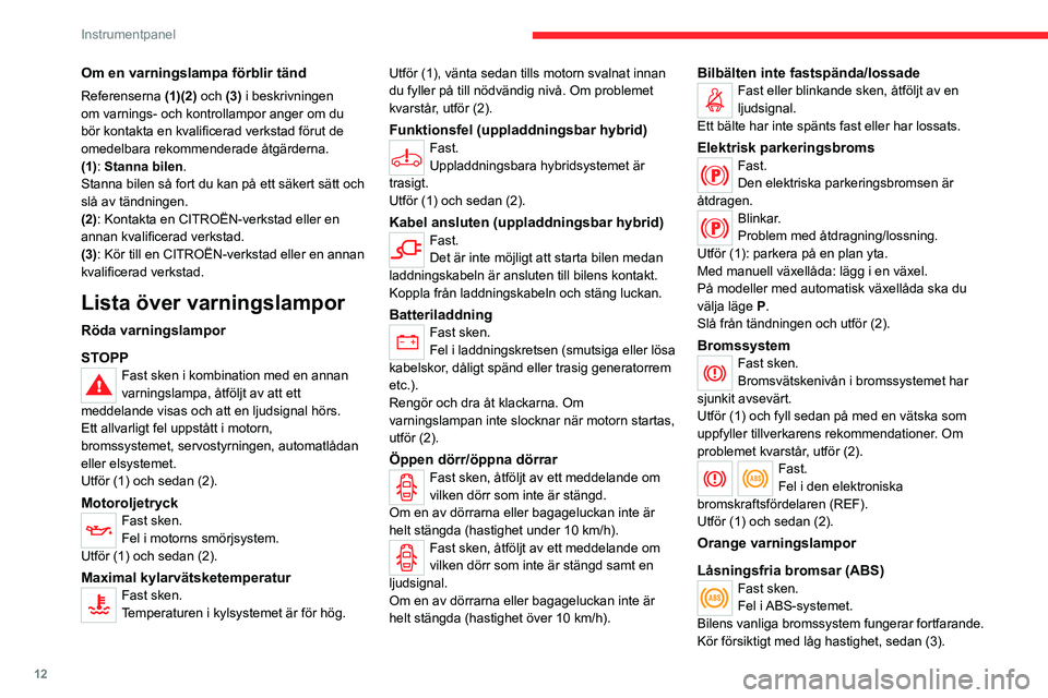 CITROEN C5 AIRCROSS 2022 InstruktionsbÖcker (in Swedish) 12
Instrumentpanel
Om en varningslampa förblir tänd
Referenserna (1)(2) och (3) i beskrivningen
om varnings- och kontrollampor anger om du
bör kontakta en kvalificerad verkstad förut de
omedelb CITROEN C5 AIRCROSS 2022 InstruktionsbÖcker (in Swedish) 12
Instrumentpanel
Om en varningslampa förblir tänd
Referenserna (1)(2) och (3) i beskrivningen
om varnings- och kontrollampor anger om du
bör kontakta en kvalificerad verkstad förut de
omedelb