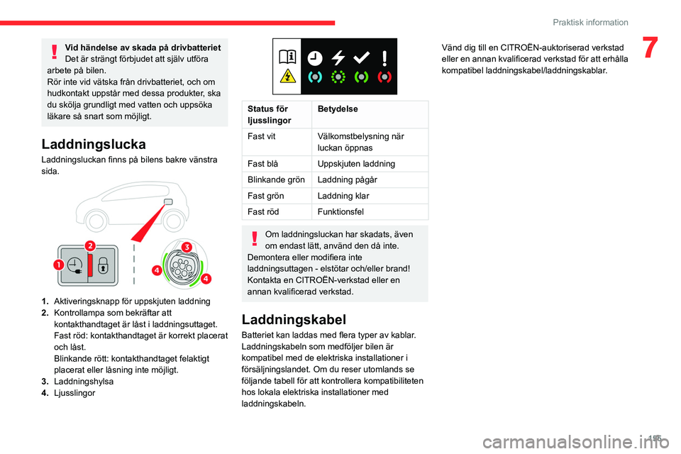 CITROEN C5 AIRCROSS 2022 InstruktionsbÖcker (in Swedish) 155
Praktisk information
7Vid händelse av skada på drivbatteriet
Det är strängt förbjudet att själv utföra
arbete på bilen.
Rör inte vid vätska från drivbatteriet, och om
hudkontakt uppst CITROEN C5 AIRCROSS 2022 InstruktionsbÖcker (in Swedish) 155
Praktisk information
7Vid händelse av skada på drivbatteriet
Det är strängt förbjudet att själv utföra
arbete på bilen.
Rör inte vid vätska från drivbatteriet, och om
hudkontakt uppst