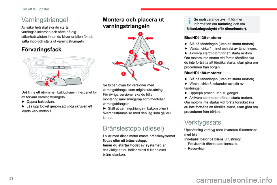 CITROEN C5 AIRCROSS 2022 InstruktionsbÖcker (in Swedish) 178
Om ett fel uppstår
Varningstriangel
Av säkerhetsskäl ska du starta
varningsblinkersen och sätta på dig
säkerhetsvästen innan du kliver ur bilen för att
sätta ihop och ställa ut varnin CITROEN C5 AIRCROSS 2022 InstruktionsbÖcker (in Swedish) 178
Om ett fel uppstår
Varningstriangel
Av säkerhetsskäl ska du starta
varningsblinkersen och sätta på dig
säkerhetsvästen innan du kliver ur bilen för att
sätta ihop och ställa ut varnin