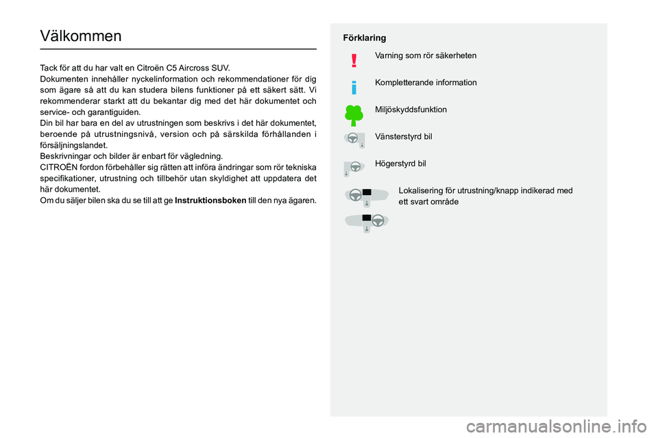 CITROEN C5 AIRCROSS 2022 InstruktionsbÖcker (in Swedish)
Välkommen
Tack för att du har valt en Citroën C5 Aircross SUV.
Dokumenten innehåller nyckelinformation och rekommendationer för d\
ig
som äg CITROEN C5 AIRCROSS 2022 InstruktionsbÖcker (in Swedish)
Välkommen
Tack för att du har valt en Citroën C5 Aircross SUV.
Dokumenten innehåller nyckelinformation och rekommendationer för d\
ig
som äg