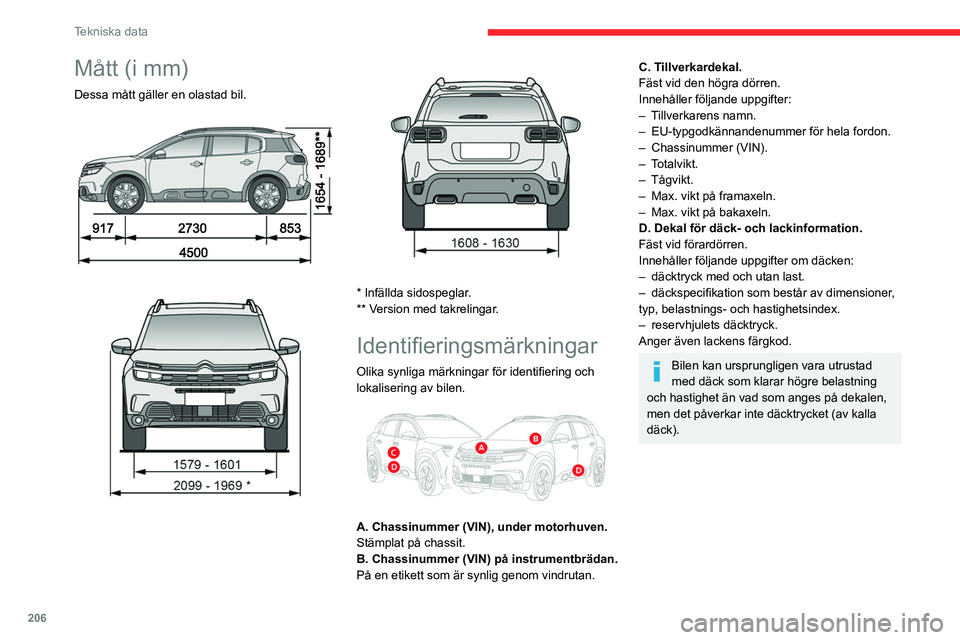 CITROEN C5 AIRCROSS 2022 InstruktionsbÖcker (in Swedish) 206
Tekniska data
Mått (i mm)
Dessa mått gäller en olastad bil.
* Infällda sidospeglar.
** Version med takrelingar.
Identifieringsmärkningar
Olika synliga märkningar för identifierin CITROEN C5 AIRCROSS 2022 InstruktionsbÖcker (in Swedish) 206
Tekniska data
Mått (i mm)
Dessa mått gäller en olastad bil.
* Infällda sidospeglar.
** Version med takrelingar.
Identifieringsmärkningar
Olika synliga märkningar för identifierin