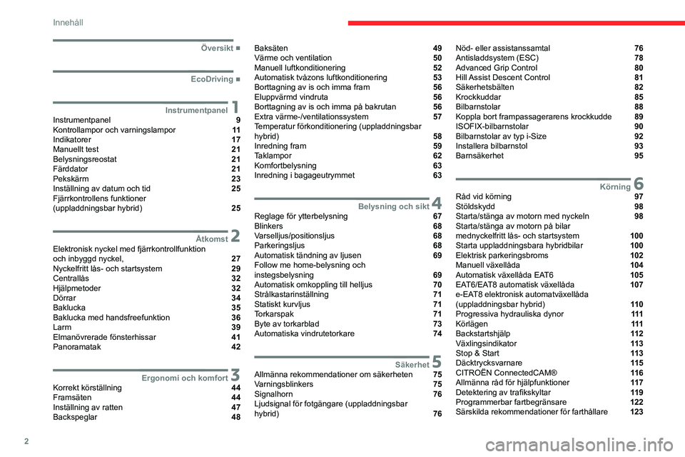 CITROEN C5 AIRCROSS 2022  InstruktionsbÖcker (in Swedish) 2
Innehåll
 
 
 
 
 
   ■
Översikt
  ■
EcoDriving
 1InstrumentpanelInstrumentpanel  9
Kontrollampor och varningslampor  11
Indikatorer  17
Manuellt test  21
Belysningsreostat  21
Färddator 