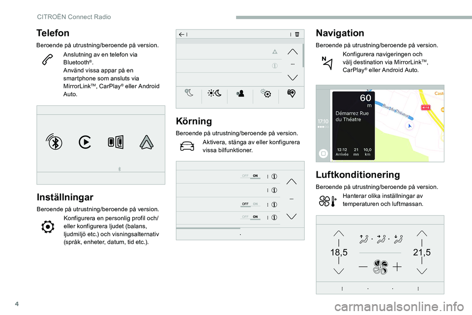CITROEN C5 AIRCROSS 2020 InstruktionsbÖcker (in Swedish) 4
21,518,5
Telefon
Beroende på utrustning/beroende på version.Anslutning av en telefon via
Bluetooth
®.
Använd vissa appar på en
smartphone som ansluts via
MirrorLink
TM, CarPlay® eller Andro CITROEN C5 AIRCROSS 2020 InstruktionsbÖcker (in Swedish) 4
21,518,5
Telefon
Beroende på utrustning/beroende på version.Anslutning av en telefon via
Bluetooth
®.
Använd vissa appar på en
smartphone som ansluts via
MirrorLink
TM, CarPlay® eller Andro