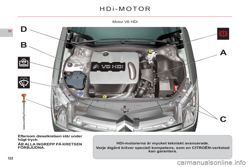 CITROEN C6 2012 InstruktionsbÖcker (in Swedish) 122
IVD
B
A
C
HDi-MOTOR
HDi-motorerna är mycket tekniskt avancerade.
Varje åtgärd kräver speciell kompetens, som en CITROËN-verkstadkan garantera.
Eftersom dieselkretsen står under högt tryck:
CITROEN C6 2012 InstruktionsbÖcker (in Swedish) 122
IVD
B
A
C
HDi-MOTOR
HDi-motorerna är mycket tekniskt avancerade.
Varje åtgärd kräver speciell kompetens, som en CITROËN-verkstadkan garantera.
Eftersom dieselkretsen står under högt tryck: